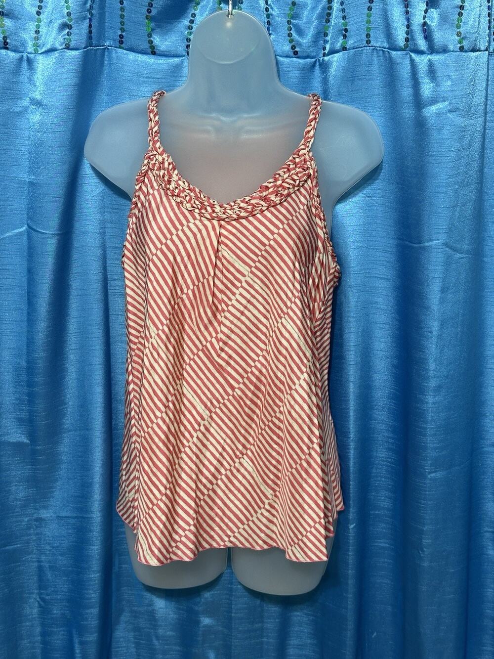 Banana Republic Red White Stripe Sleeveless Silk Top Textured Straps & Neckline